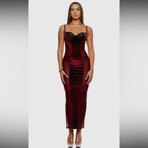Absolutely Elegant Velvet Burgundy Studded Bodycon Maxi Slit Lingerie Dress